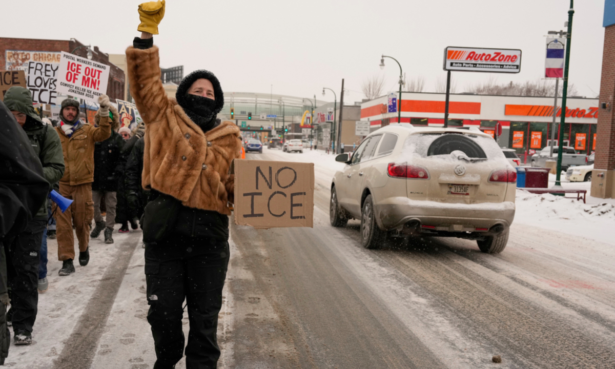 Protesters demonstrate against Immigration and Customs Enforcement (ICE) on January 18, 2026, after Renee Good was fatally shot by an ICE officer last week in Minneapolis. Photo:VCG